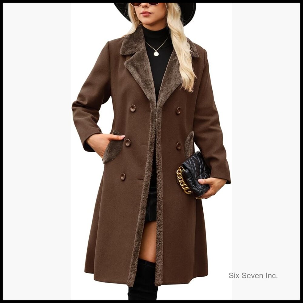 Double-Breasted Faux Fur Lapel Pea Coat, Slim Fit Long Winter Jacket